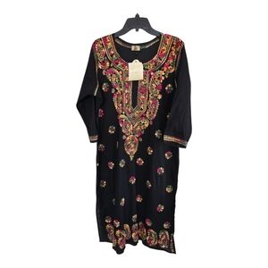 Ada Embroidered Floral Dress Womens XL Black Red Slits Flowy  Boho Art New
